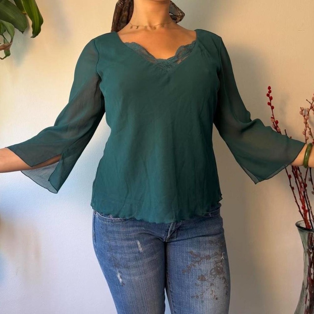 B.I.Y.A.Y.C.D.A. Teal Sheer Mesh Bell Sleeve Lace Trim Blouse Whimsygoth L